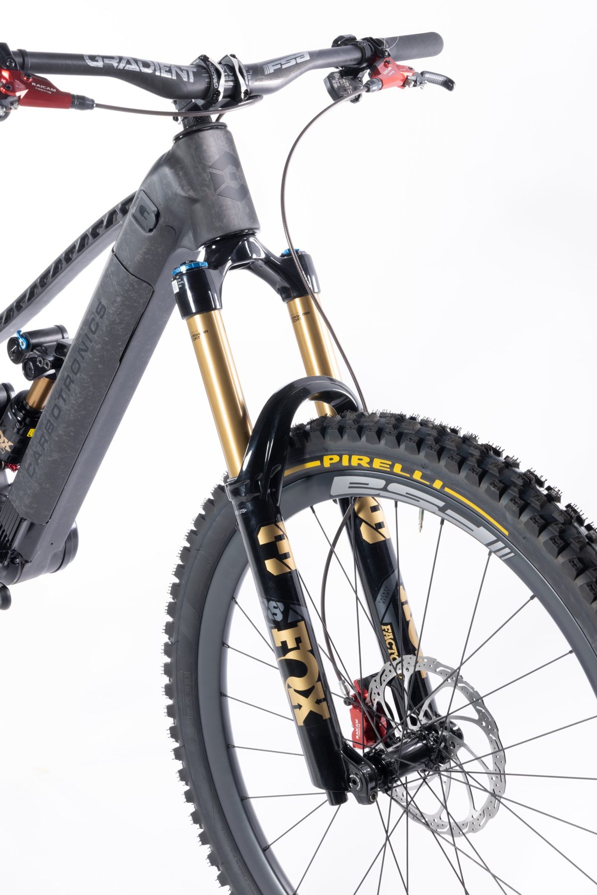 Front end: Fox 38 Factory fork with Kashima-coated stanchions, forged-carbon head tube with embossed Carbotronics mark